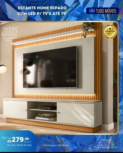 ESTANTE HOME RIPADO COM LED P/ TV ATÉ 75"