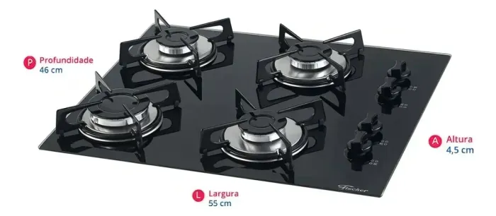 Cooktop Fogão a Gás Fischer 4 Bocas Mesa Vidro Bivolt