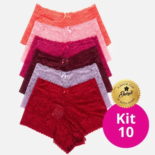 Kit 10 Calcinhas Caleçon Renda Jacquard original Feminina Boxer Alta