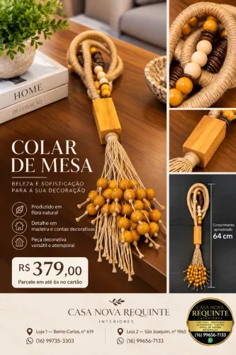 Colar de Mesa Decorativo em Fibra Natural com Contas e Detalhe em Madeira