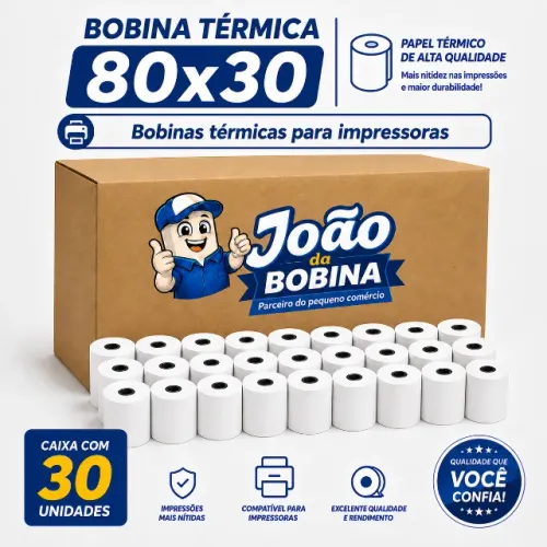 BOBINA TERMICA 80MM X 30M BRANCA CAIXA COM 30 UNIDADES IMPRESSORA TERMICA