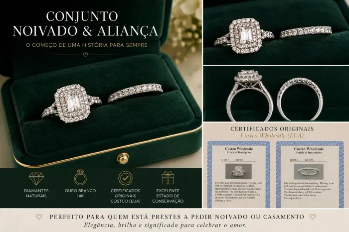 Anel de Noivado + Aliança Ouro Branco 14K Diamantes Naturais 1,25 ct 