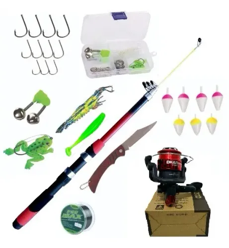 Kit Pesca Completo Vara Molinete Linha Anzóis Chumbada 3 Iscas Artificiais Canivete Bóias