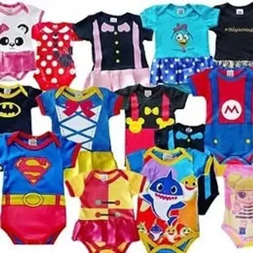 Lote 10 peças Body de bebê temático, personagens e mêsversários