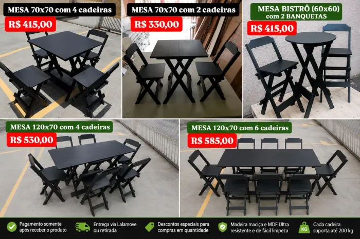Jogos de mesas e cadeiras para bares, restaurantes, lanchonetes e áreas gourmet.