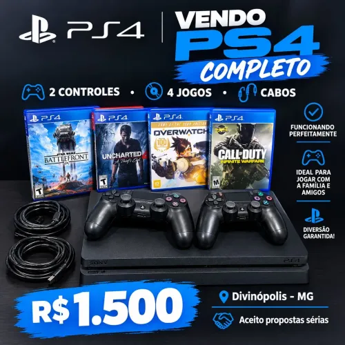 PS4 + 2 CONTROLES + 4 JOGOS ? R$ 1.500!<br>? VENDO PS4 COMPLETO!