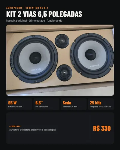 Kit 2 Vias Audiophonic Sensation KS 6.2 6,5 Polegadas 65W RMS Tweeter Seda Crossover
