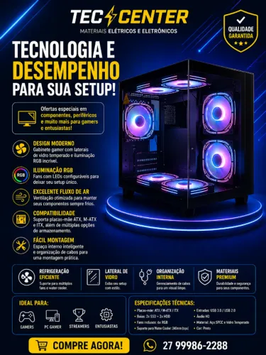 Gabinete Gamer Hayom GB1796 Aquário RGB 4 Fans Preto