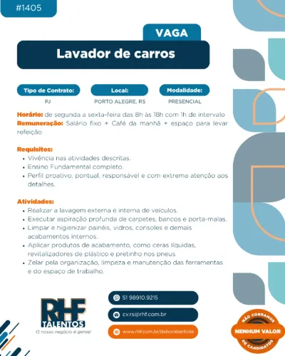 Vaga para Lavador de Carros em Porto Alegre/RS