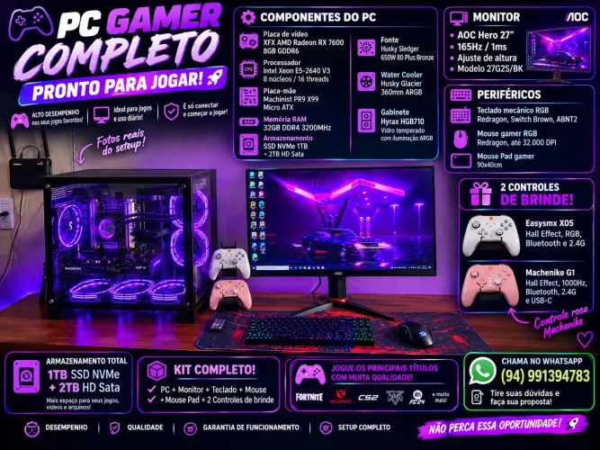 PC Gamer RX 7600 XFX + Monitor AOC Hero 165Hz + Kit Completo