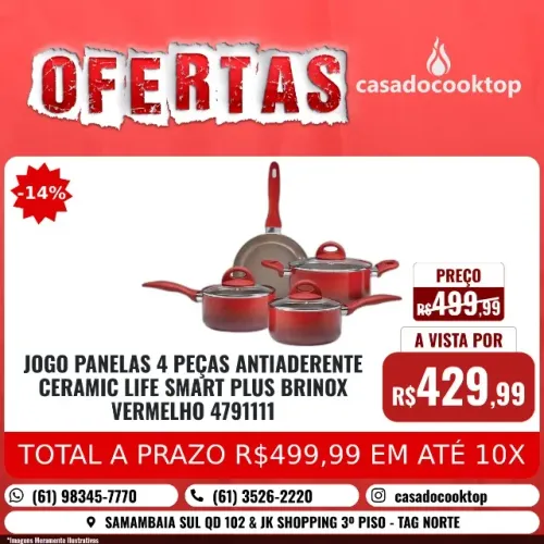 JOGO PANELAS 4 PECAS ANTIADERENTE CERAMIC LIFE SMART PLUS BRINOX - VERMELHO 4791111