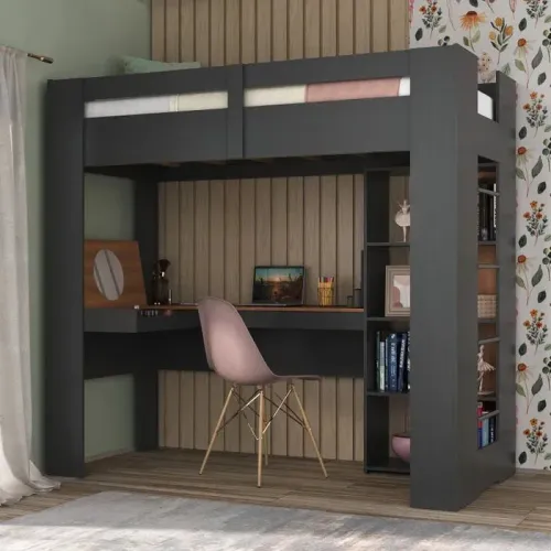 Cama Alta Multifuncional 4 em 1 com prateleiras, escrivaninha e penteadeira