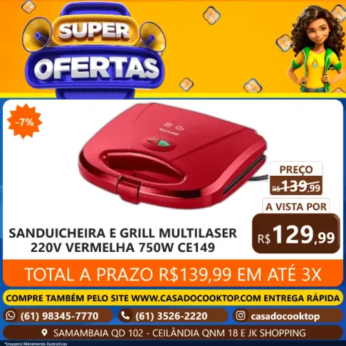 SANDUICHEIRA E GRILL MULTILASER 220V VERMELHA 750W CE149