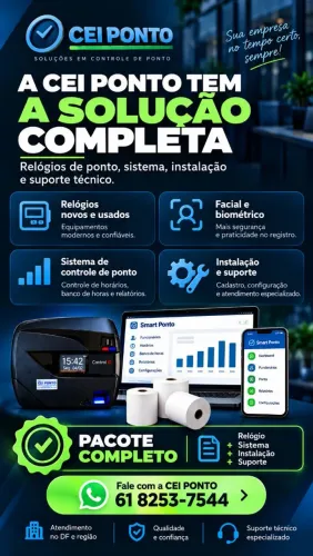 Relógio de ponto + sistema + instalação + suporte.