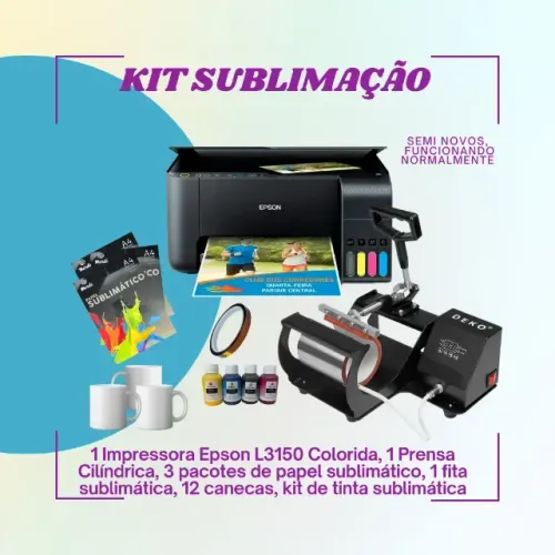 Kit Sublimação - Impressora, prensa, canecas, tinta, papel, fita, caixinhas