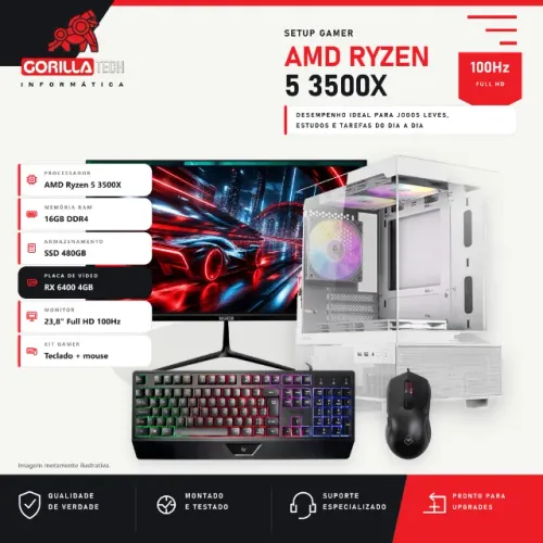 Setup Gamer Completo Ryzen 5 3500X RX 6400 4GB 16GB SSD 480GB + Monitor 23,8 100Hz