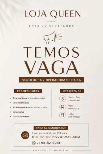 Vaga para vendedora - operadora de caixa