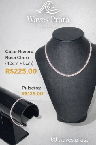 Colar Riviera Rosa Claro (40cm + 5cm) e Pulseira | Prata 925