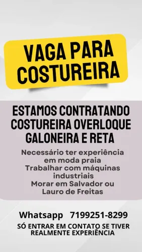 VAGA COSTUREIRA GALONEIRA, OVERLOQUE E RETA PARA TRABALHAR EM FABRICA FIXA