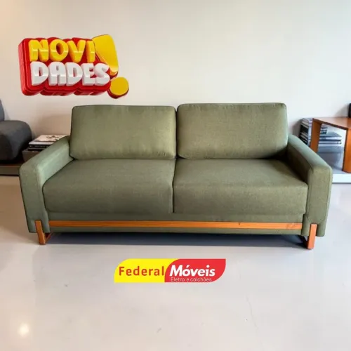 Sofá para Sala Recepção 2,14m em Linho Verde Pés Madeira - Temos Catálogo 