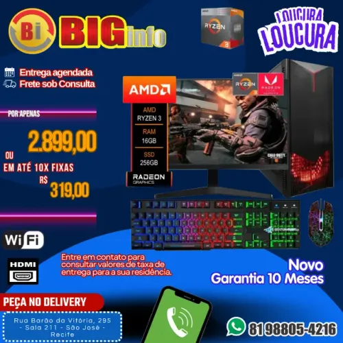 Computador Cpu Gamer Ryzen 3 3200g 16gb Ddr4 240GB SSD Gabinete LED RGB Com Adaptador Wifi