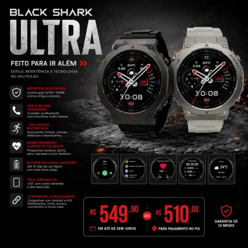 Smartwatch Black Shark GS3 Ultra BS-W2415 com GPS, Conexão Strava, 5ATM, IP69K