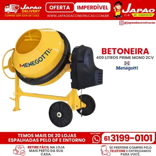 Betoneira 400L Motor Mono 2CV Menegotti Prime (Retire na Loja Mais Perto da Sua Casa)