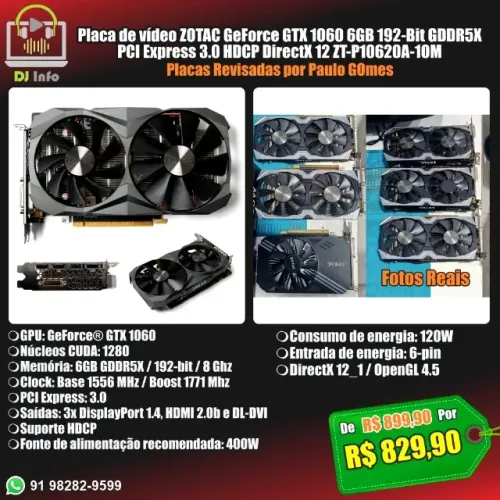 Placa de vídeo ZOTAC GeForce GTX 1060 6GB 192-Bit GDDR5X