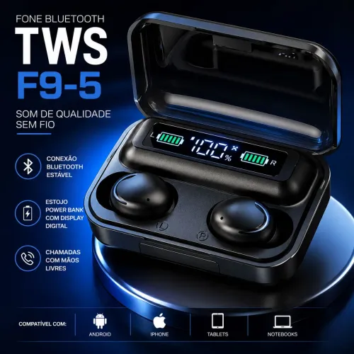 Fone de Ouvido Bluetooth TWS F9-5 com Power Bank e Display Digital