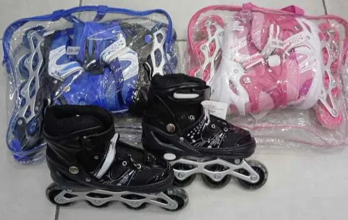 Patins Infantil Roller In Line Ajustável TAM 35 a 38 Azul Rosa e Preto 4 Rodas 
