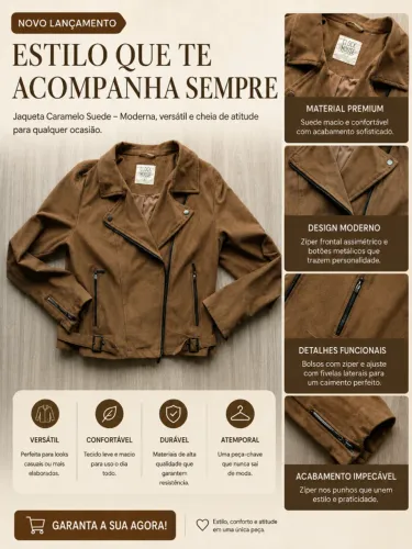 Jaqueta couro suede caramelo