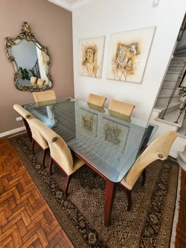 Mesa de Jantar 2,00m em Madeira com Tampo de Vidro Espesso + 6 Cadeiras
