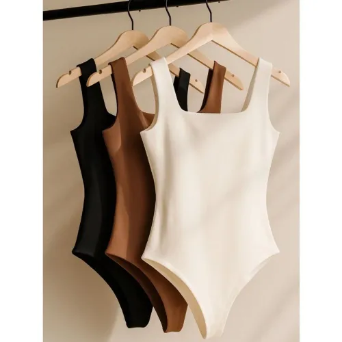 Kit 3 Body Feminino Macacão Gola Quadrada Regata Plus Size Tamanho Único