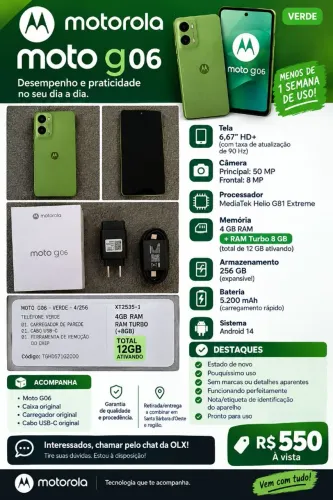 Motorola Moto G06 VERDE COMPLETO? novo 256GB 4RAM+8TURBORAM celular smartphone telefone G