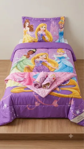 Kit Edredom Dupla Face + Jogo de Cama Princesas Disney (Solteiro)