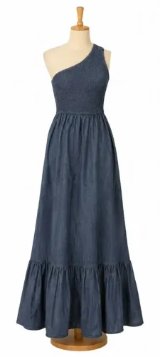 Vestido longo jeans de um ombro só _ R$ 20,00