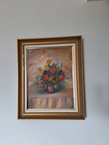 Quadro Antigo Pintura a Óleo - Vaso de Flores (Com Moldura Clássica)