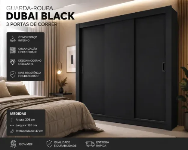 ? GUARDA-ROUPA CASAL DUBAI BLAC - MODERNO, ELEGANTE E SUPER ESPAÇOSO! ?