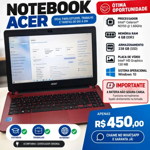 NOTEBOOK ACER À VENDA - R$ 450,00