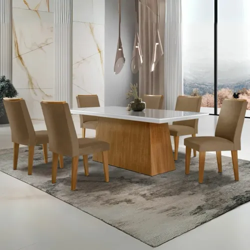 Mesa de Jantar com 6 Cadeiras Lunara Veludo Capuccino tt543