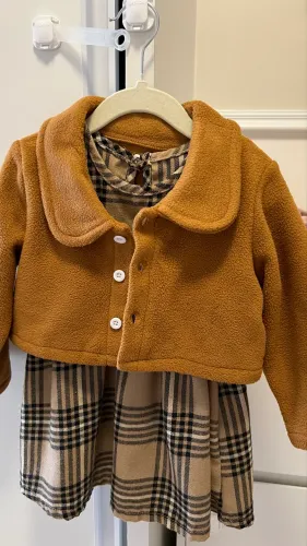 2 peças/Conjunto Vestido e Casaco de Bebê Menina Xadrez, Outono/Inverno