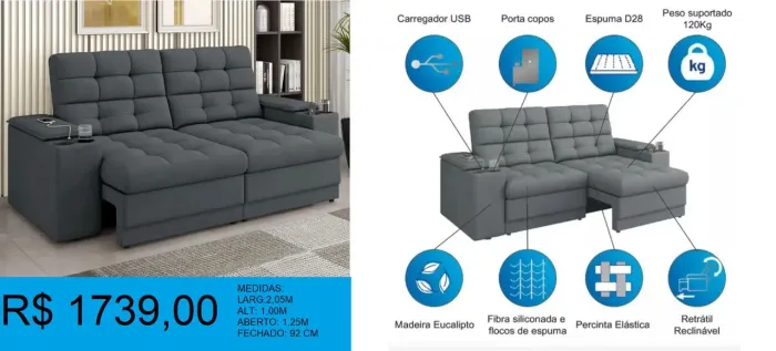 Sofá Retrátil e Reclinável com Carregador USB