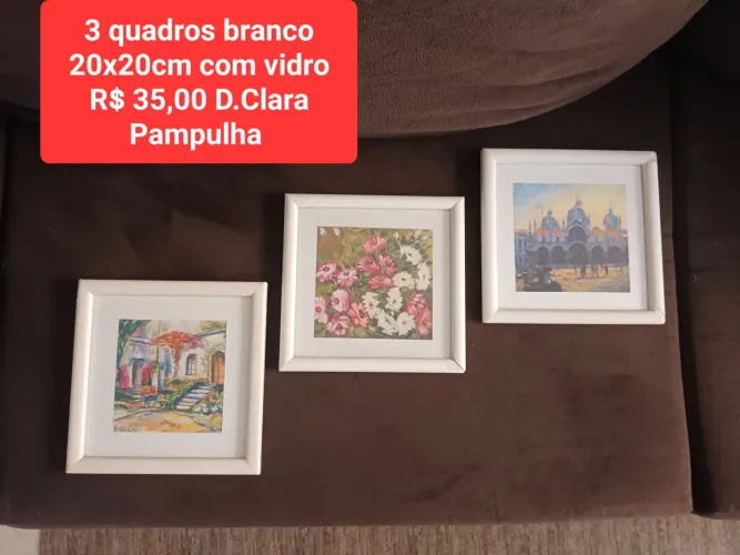 3 quadros brancos 20x20cm com vidro