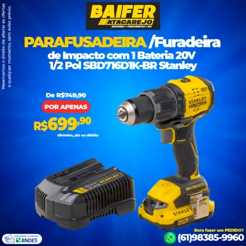 Parafusadeira/Furadeira de Impacto Com 1 Bateria 20V 1/2 Pol SBD716D1K-BR Stanley
