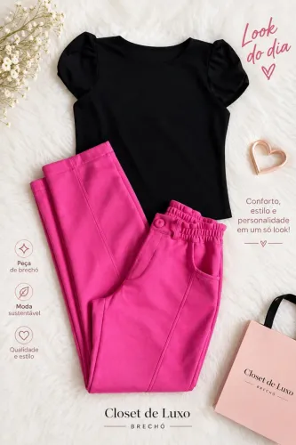 Blusa preta manga bufante TAM 36 + calça cintura alta social rosa TAM 36