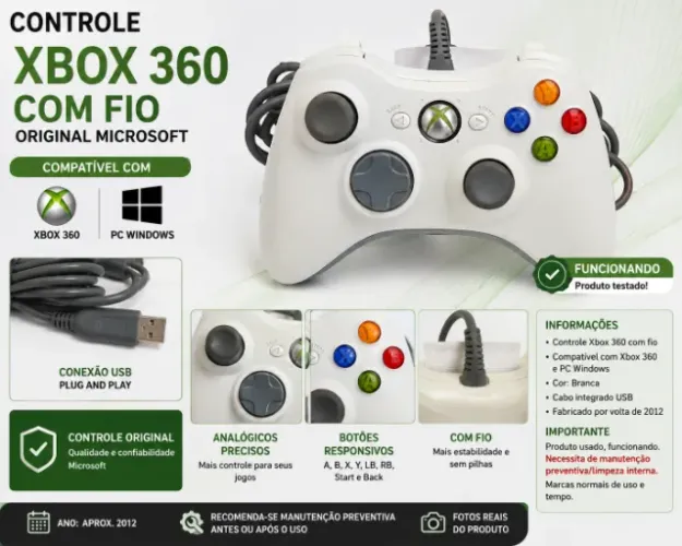Controle Xbox 360 Original Microsoft Branco Com Fio USB PC Windows