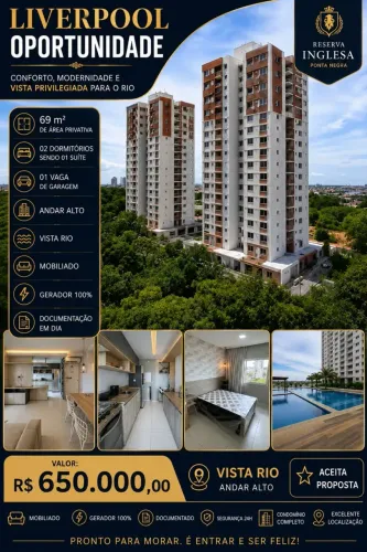 Reserva Inglesa - Liverpool - Vendo 100% mobiliado com 2 QTS, Ponta Negra