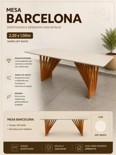 Mesa Barcelona 2,20x1,00m moderna, tampo off-white