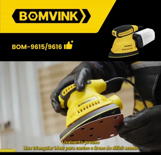 Lixadeira Elétrica Orbital amarela da marca Bomvink, modelo BOM- 9616.