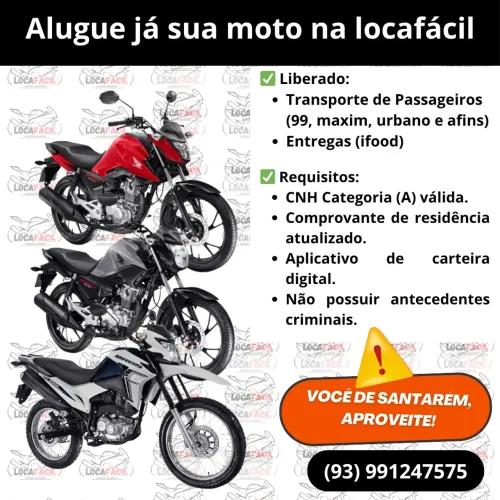 Alugue sua moto para trabalhar em apps de transporte e entrega!!